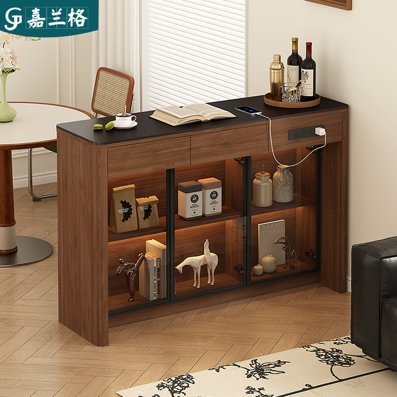 中古风岩板吧台桌长条桌厨房岛台隔断柜茶水吧台餐边柜一体柜9E96