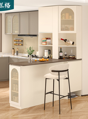 奶油中古风转角吧台餐边柜一体双面隔断柜扫地机器人收纳柜9G343