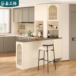 奶油中古风转角吧台餐边柜一体双面隔断柜扫地机器人收纳柜9G343