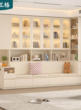 定制客厅卡座沙发书柜一体整墙到顶组合带玻璃门落地展示柜9F61-1