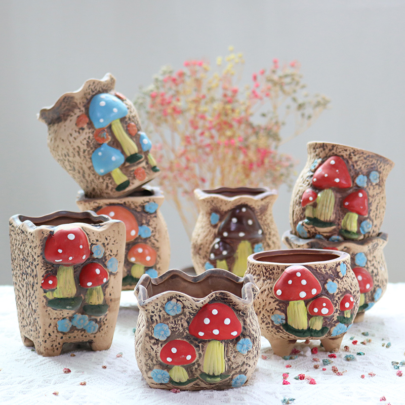 蘑菇多肉植物花盆卡通可爱韩式粗陶陶瓷透气简约小花盆特价清仓