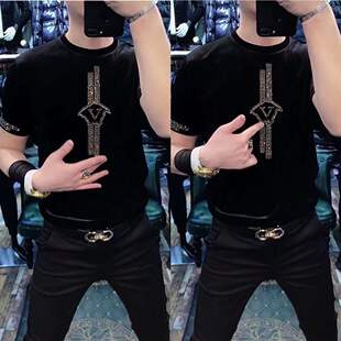 小衫 668秋冬欧洲站t恤衫 烫钻金丝绒半袖 欧货短袖 圆领上衣 男打底衫