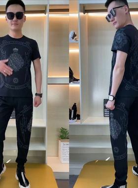 T9963夏季男士短袖长裤修身弹力个性烫钻印花圆领休闲运动套装潮