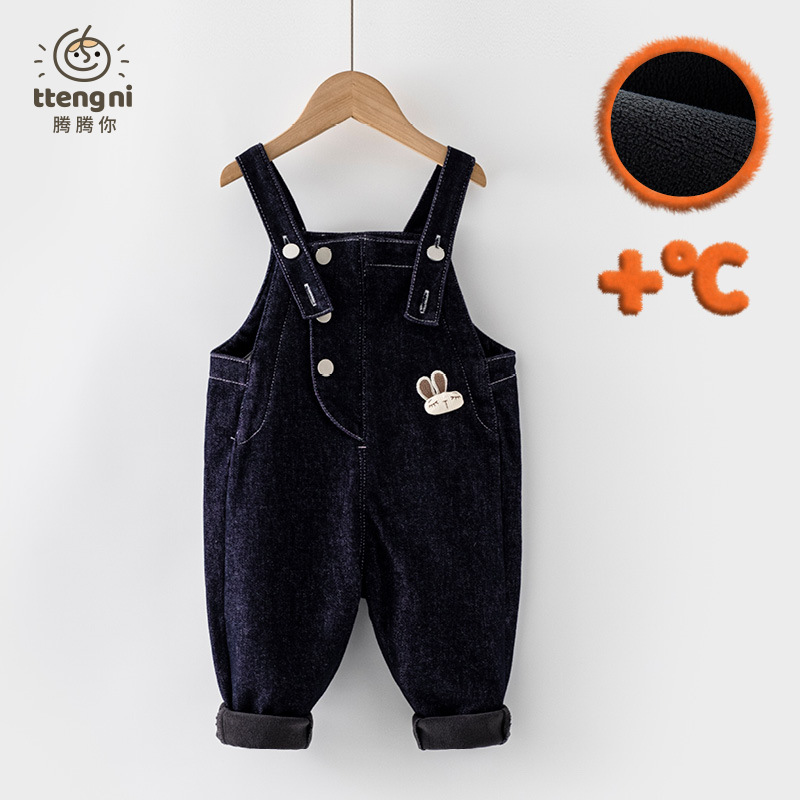 女宝牛仔背带裤秋冬加绒卡通可爱宝宝休闲牛仔长裤1-4岁儿童裤子