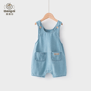 婴儿牛仔背带短裤夏季薄款可爱男宝休闲牛仔五分裤按扣裆宝宝裤子