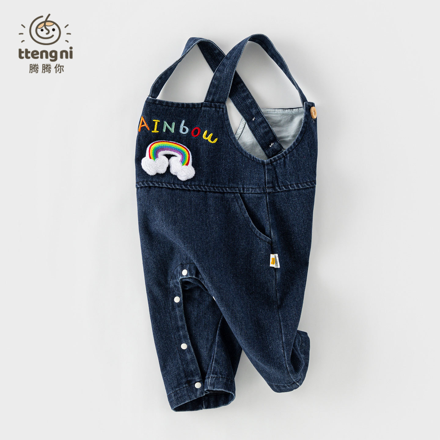 婴儿牛仔背带裤春秋护肚耐磨女小童大pp裤子彩虹可爱开档宝宝裤子