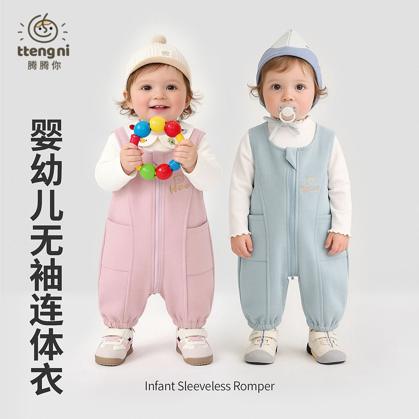 婴幼儿小熊刺绣无袖连体背带裤男女宝宝休闲舒适外出宝宝爬服哈衣