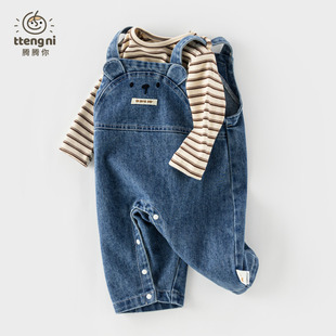 婴儿背带裤春秋卡通男宝连体裤按扣裆休闲百搭款0-3岁小宝宝裤子