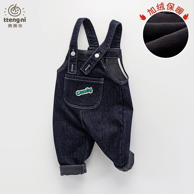 小童加绒背带裤秋冬新款卡通小熊男女宝宝休闲牛仔长裤儿童背带裤