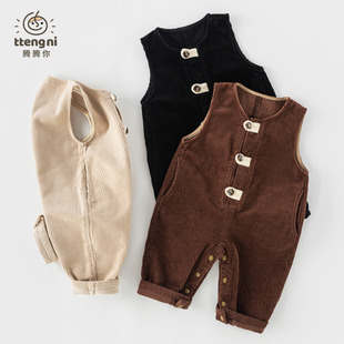 婴儿背带裤春秋复古风女宝灯芯绒连体裤按扣裆小宝宝裤子秋装外穿