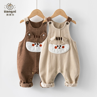 婴儿背带裤春秋洋气卡通男宝灯芯绒休闲裤按扣裆1-3岁宝宝裤子秋