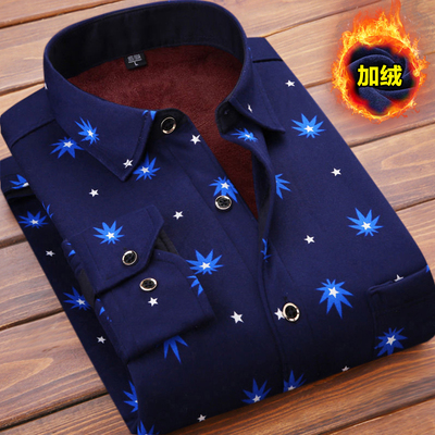 秋冬男士长袖加绒衬衣保暖衬衫加厚格子外套印花衣服男休闲爸爸装