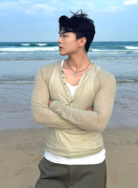 高弹力紧身衣男半开领纽扣长袖亨利衫轻薄微透修身显瘦网纱罩衫潮