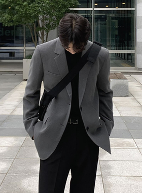 意式那不勒斯垫肩西装男高级感休闲气质上衣外套轻熟风灰色小西服