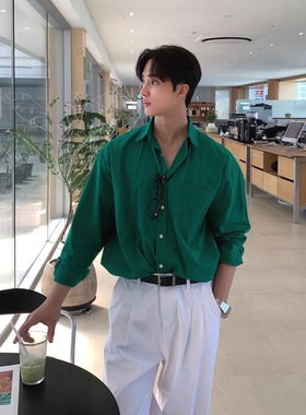 韩系气质绿色衬衫男纯棉宽松长袖开衫美式复古单口袋休闲工装衬衣