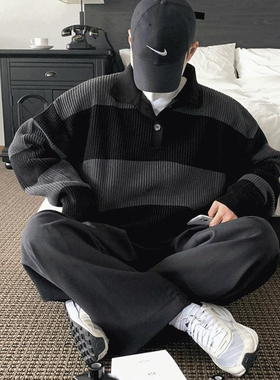 撞色条纹针织polo衫男高级感宽松长袖翻领毛衣cityboy海魂羊毛衫