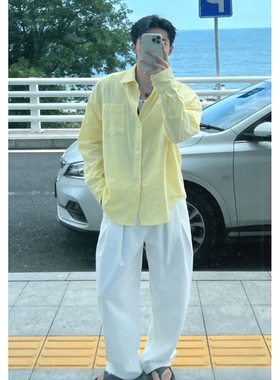 奶黄色棉麻衬衫男薄款透气宽松长袖防晒开衫亚麻皱布休闲工装衬衣