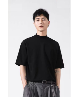 日系cityboy半高领t恤男亲肤莫代尔宽松五分短袖 小领口内搭打底衫