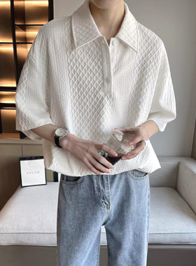 轻熟风肌理华夫格polo衫男小众设计感提花宽松短袖cityboy有领t恤