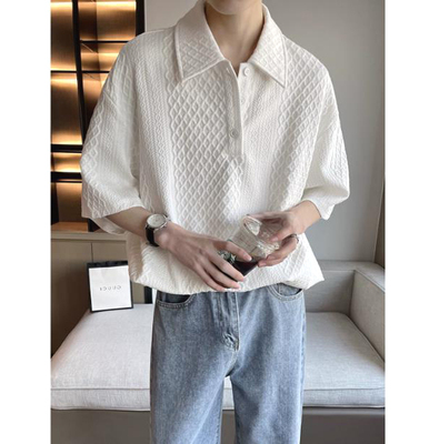 肌理华夫格polo衫男提花宽松短袖