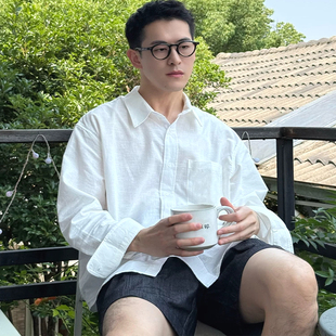 亚麻透气工装 美式 防晒开衫 男单口袋宽松长袖 衬衣 松弛感棉麻白衬衫