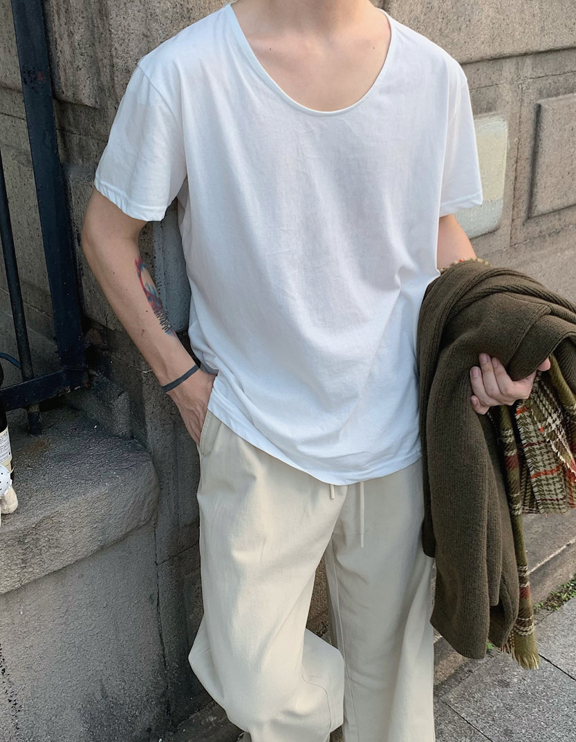 cityboy拉领丝光棉冰丝t恤男u型设计感宽松短袖低领松弛感打底衫