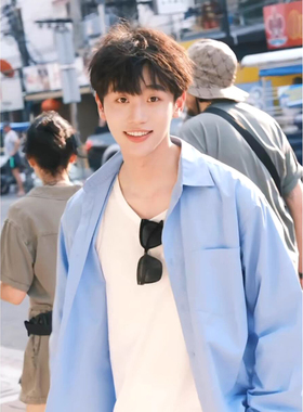 少年感蓝色衬衫男痞帅宽松防晒长袖美式cleanfit冰丝雪纺工装衬衣