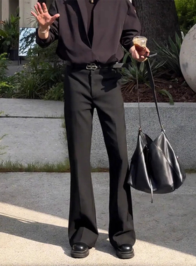 高个子显瘦黑色微喇叭西裤男高腰提档弯刀裤子痞帅修身直筒西装裤