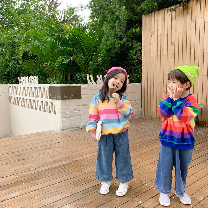 儿童卫衣2025春款男童女童韩版彩虹条纹卫衣套头衫中小童宽松上衣