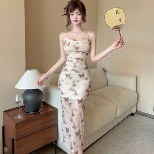 海边度假纯 夜总店上班技师浅色蝴蝶印花网纱低胸吊带连衣裙女夏季