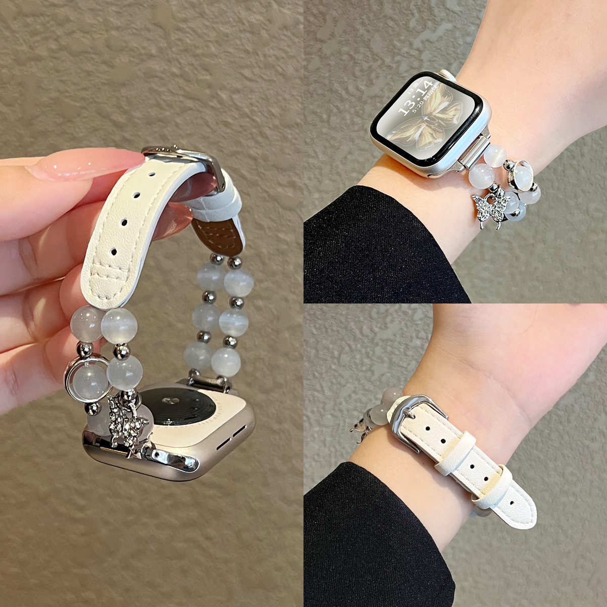 适用vivogt2猫眼串珠皮质手表带