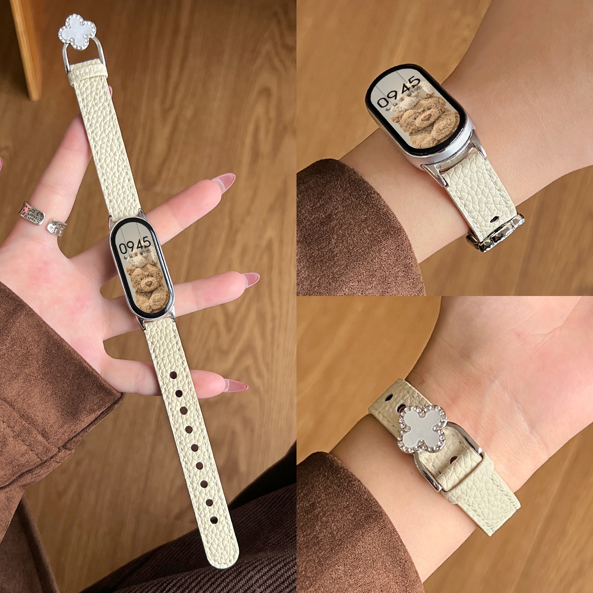 适用小米手环10表带皮质四叶草扣