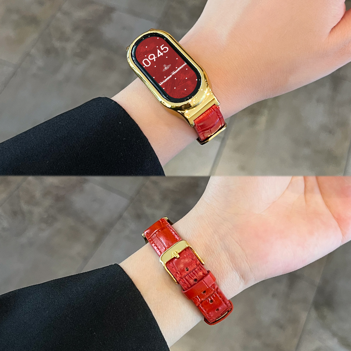 米环9表带女新年红色真皮竹节纹