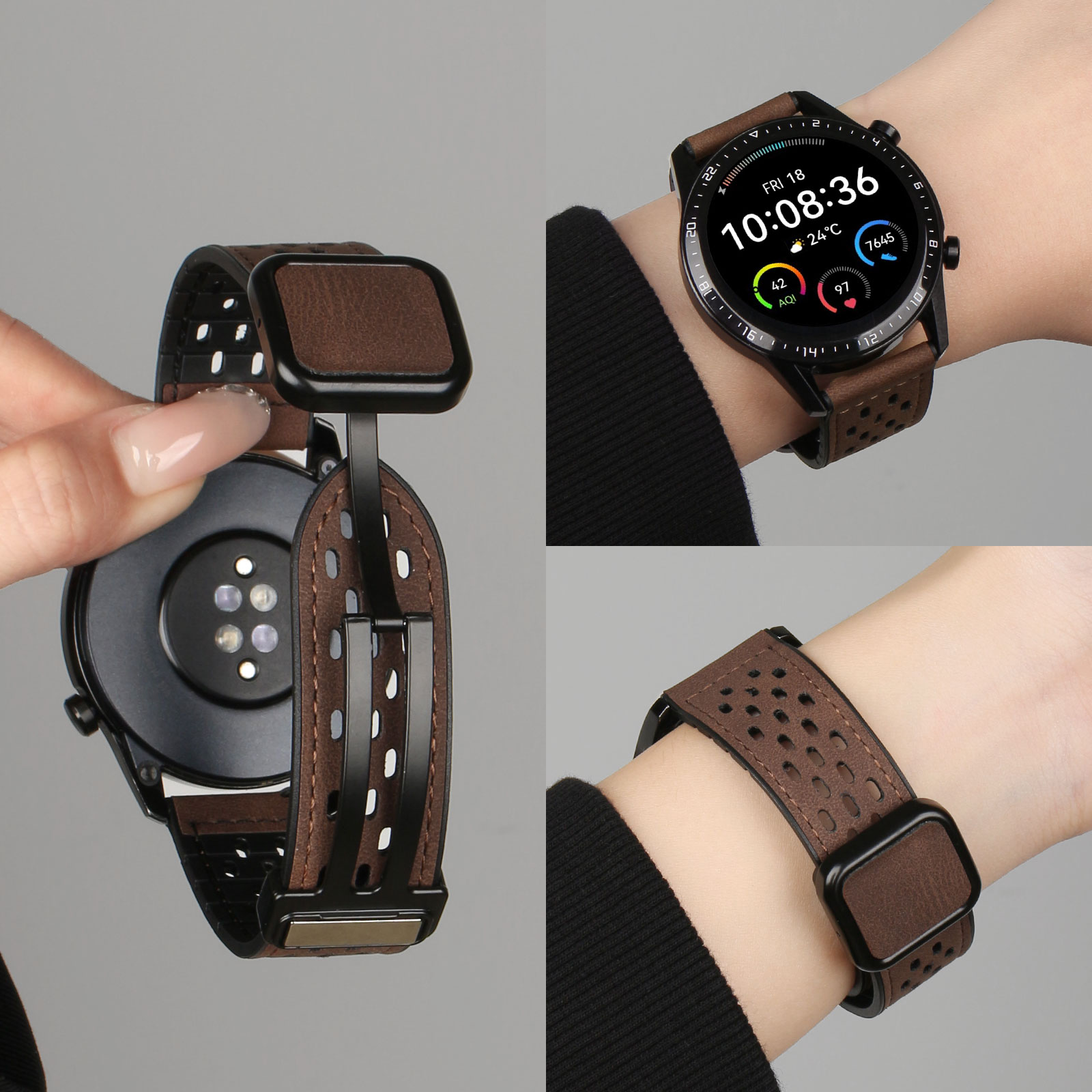 适用小米手表s4疯马皮磁吸手表带