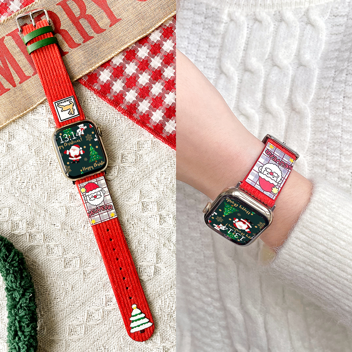 适用华为fit4圣诞灯芯绒皮质表带