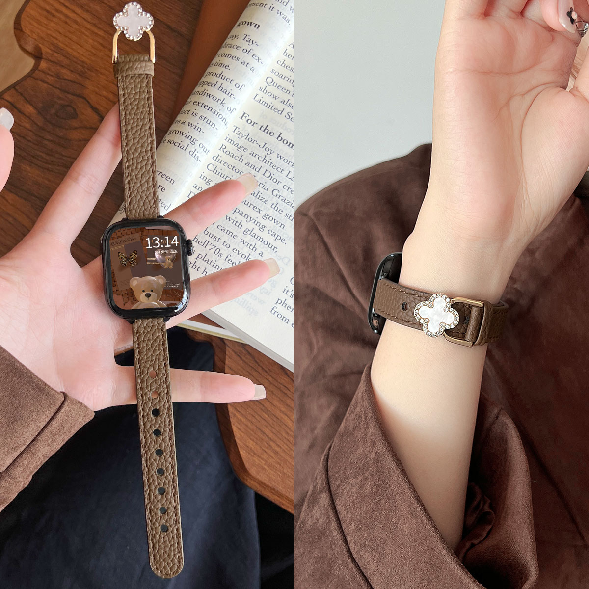 适用iwatchs11皮质四叶草表带扣