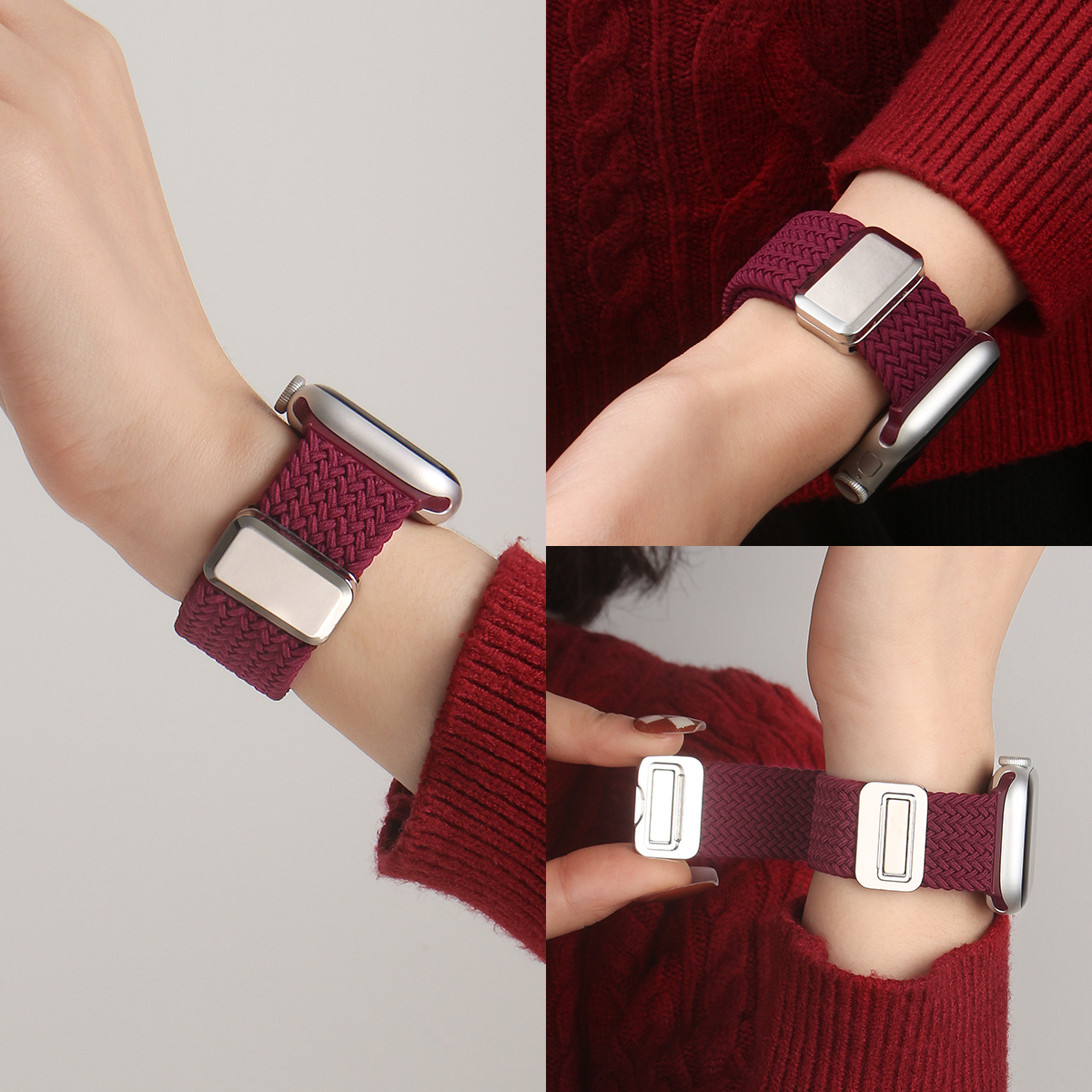 iwatchs10编织磁吸表带显白酒红