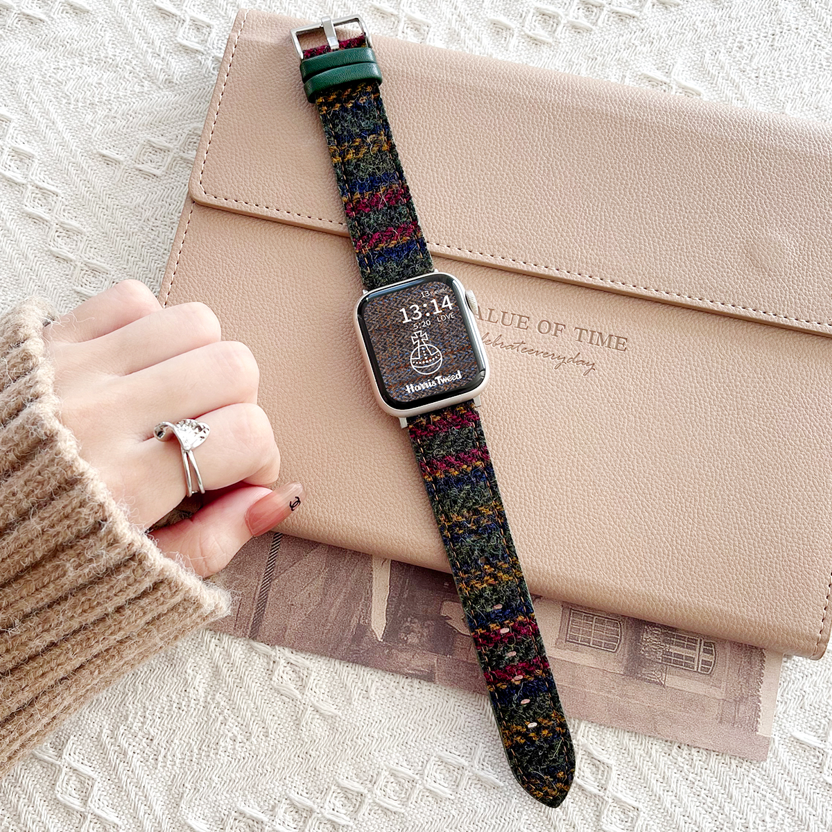 适用小米9pro条纹毛呢表带秋冬款