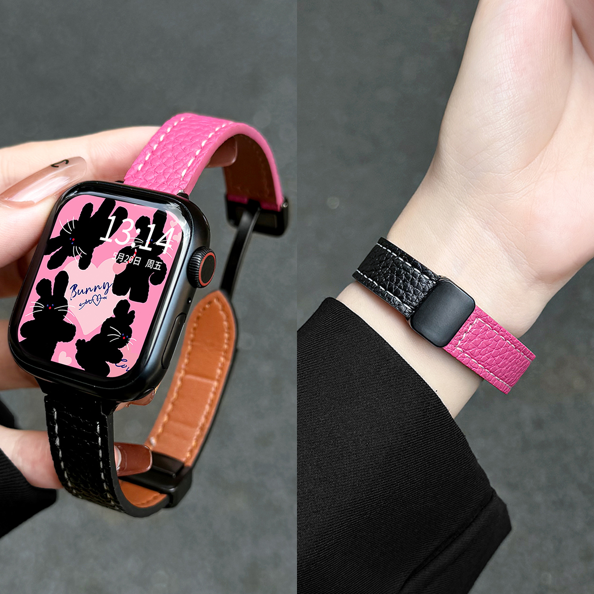 适用iwatchs11黑粉拼色皮质表带