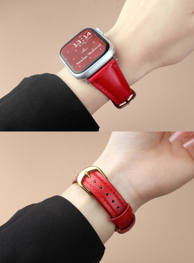 适用iwatchs10新年红色超纤真皮表带applewatchs10手表表链s9苹果系列s8秋冬se女款s7高级感6腕带watchs5手链