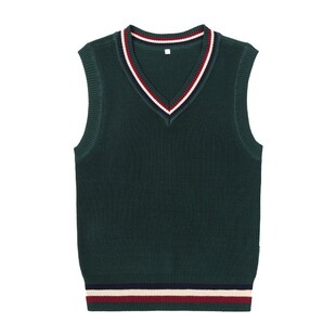 中小学生毛衣马甲春秋款校服墨绿色三色条纹上衣儿童背心针织衫棉