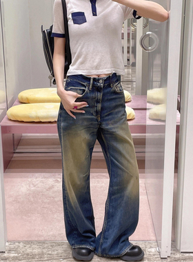 AC风格复古水洗做旧深蓝色牛仔裤2021m男女同款宽松阔腿直筒长裤