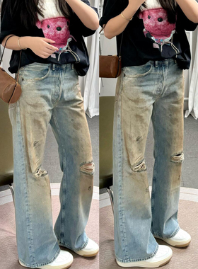 AC做旧水洗破洞直简脏脏裤明星同款男女通勤宽松泥染蓝色牛仔裤长