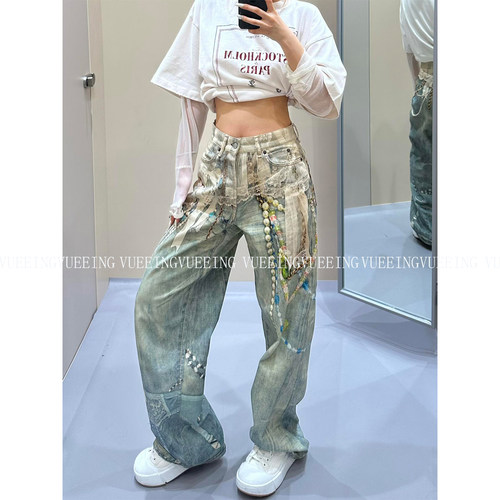 3D数码印花蕾丝珍珠直简牛仔裤