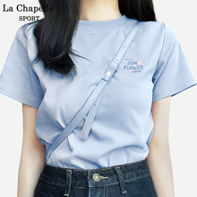 拉夏贝尔纯棉短袖t恤女2025新款夏季宽松蓝色半袖设计感女士上衣X