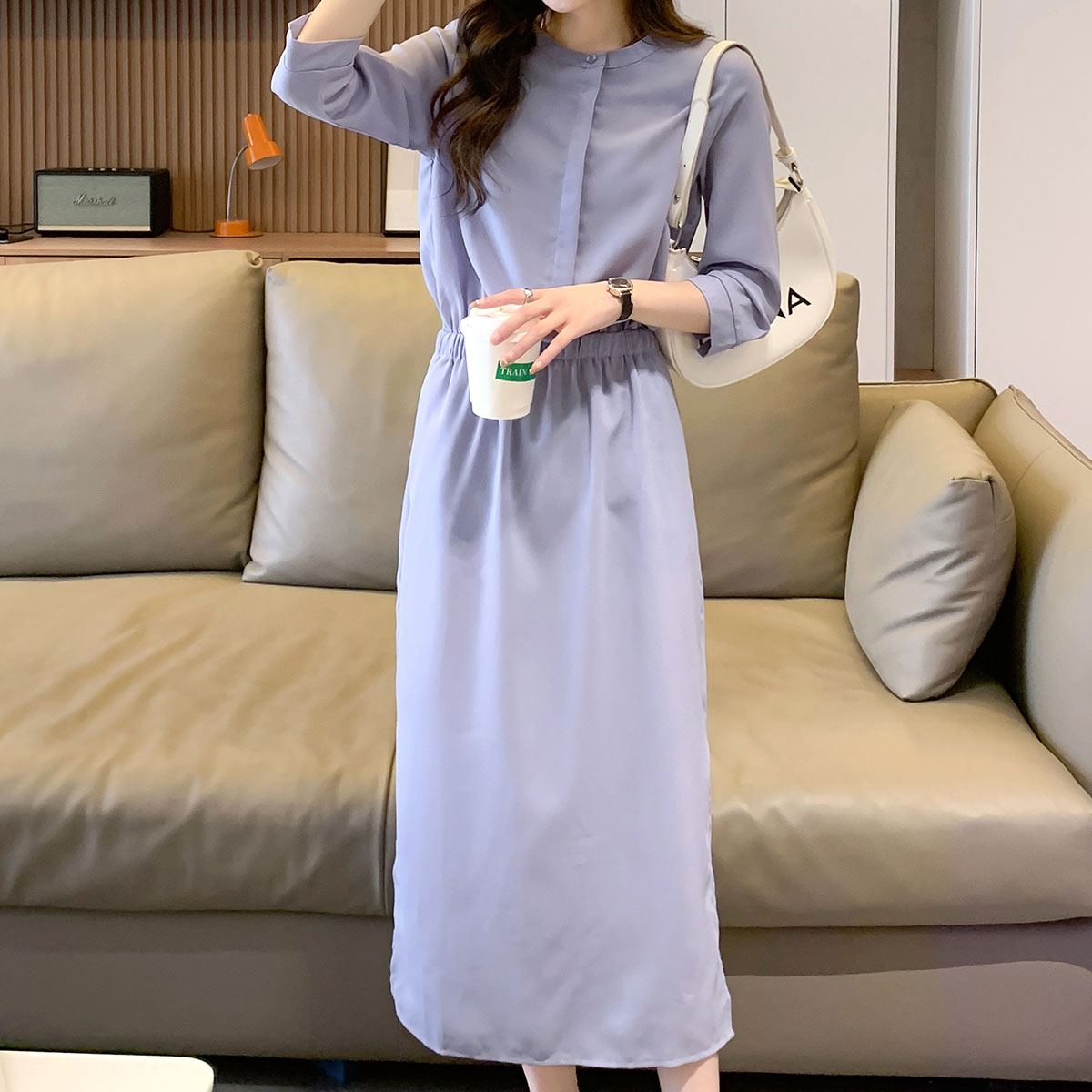 拉夏贝尔春秋新品七分袖连衣裙女