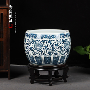 中式仿古青花陶瓷鱼缸圆形桌面缸百搭家居装饰缸金鱼乌龟盆荷花缸