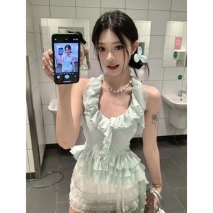宅女甜美风荷叶边挂脖吊带背心女装 上衣 夏季 小众飘带收腰无袖
