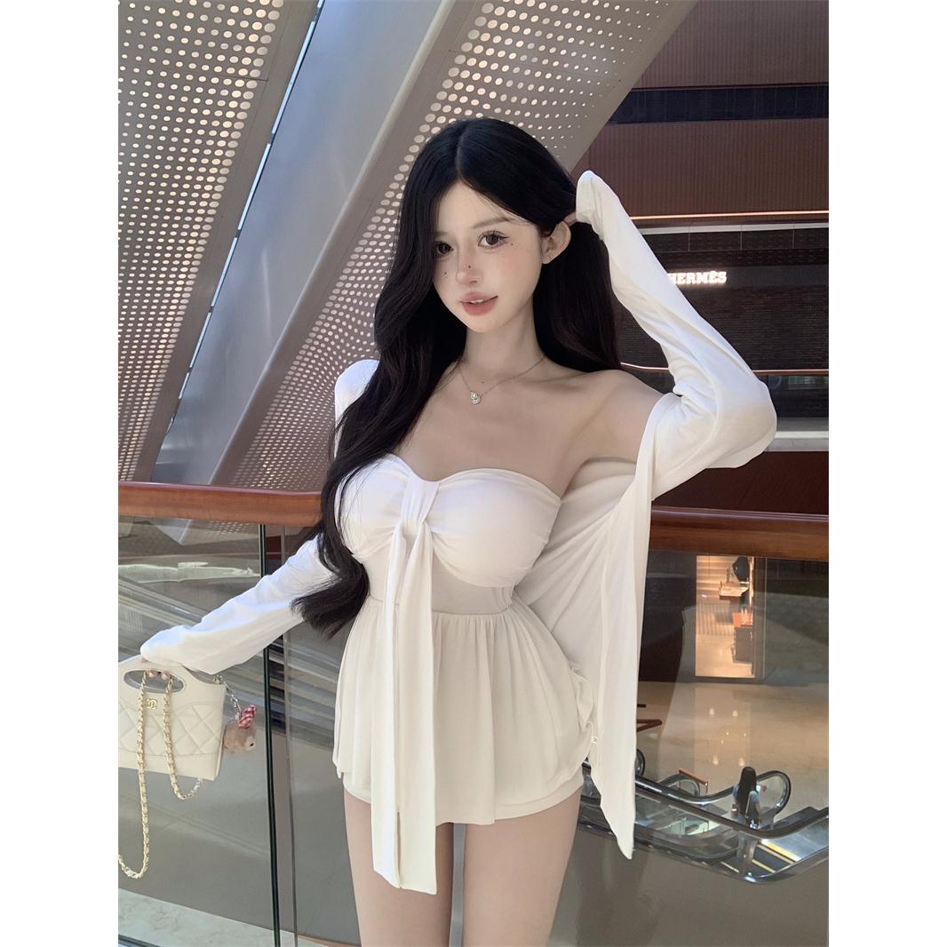 夏季叠穿套装女慵懒宽松长袖防晒开衫白色绑带抹胸背心上衣两件套