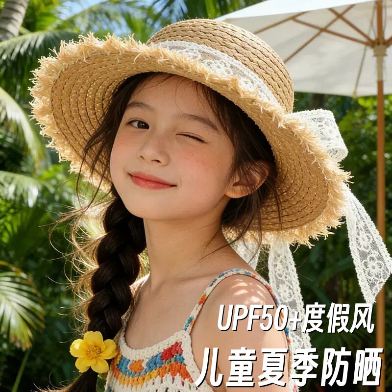 儿童草帽女童夏季海边沙滩帽遮阳防晒度假风大檐2026新款太阳帽子 - 实物图